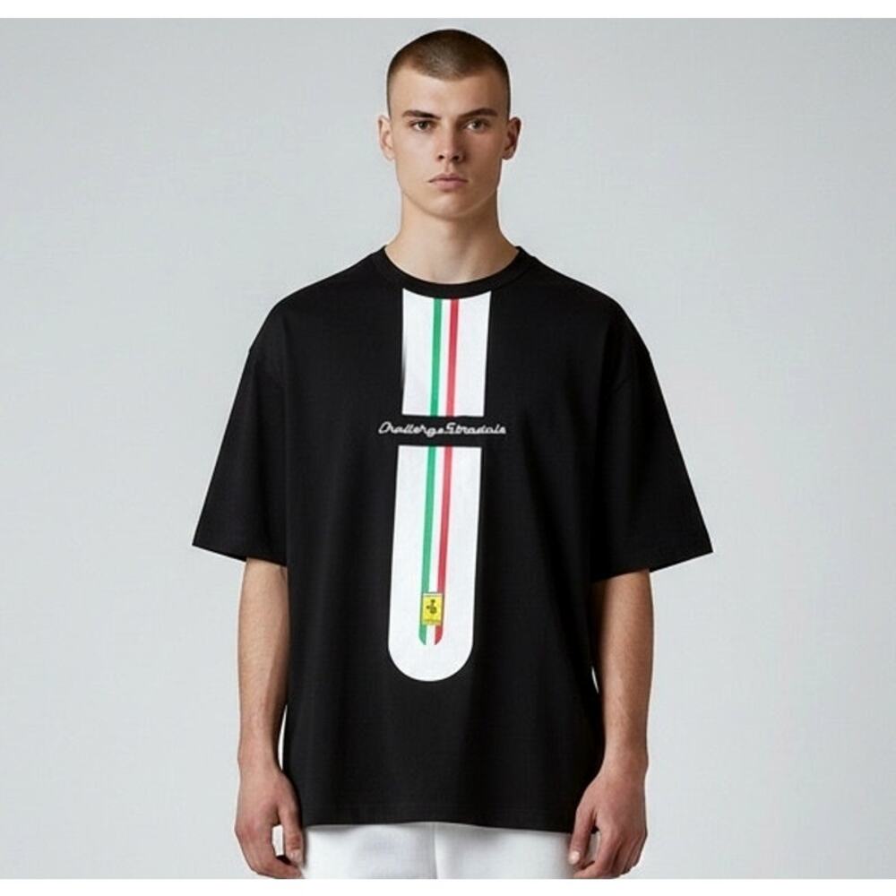 Ferrari Official Product Black Racing Stripe T Shirt Mens L 100% Cotton